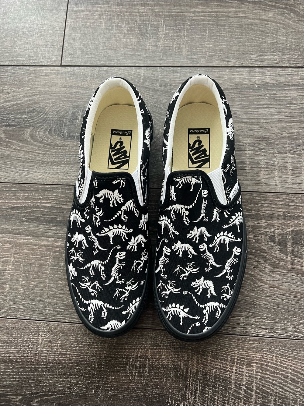 New Vans Black Slip-On Sneakers with White Dinosaur Skeleton Pattern, Customized